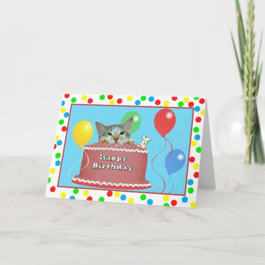 ケーキに猫が乗った初誕生日カード カード (正面)