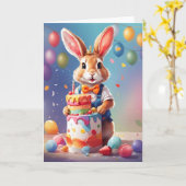 ケーキのそばに立って可愛い祝うさぎ! |カード カード (黄色い花)