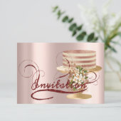 ケーキのばら色のガラス誕生日のブライダルシャワーのグリッター 招待状 (スタンド正面)