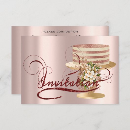 ケーキのばら色のガラス誕生日のブライダルシャワーのグリッター 招待状 (正面/裏面)