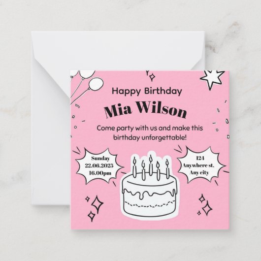 ケーキのイラストが描かれたピンクの誕生日招待状 ノートカード (正面)