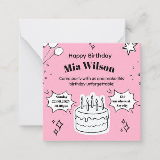 ケーキのイラストが描かれたピンクの誕生日招待状 ノートカード