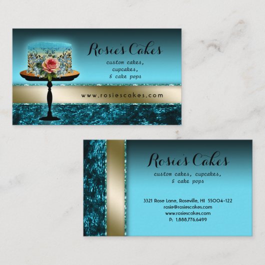 ケーキのベーカリーのエレガントな青によって押しつぶされたビロードは上がりました 名刺 (正面/裏面)