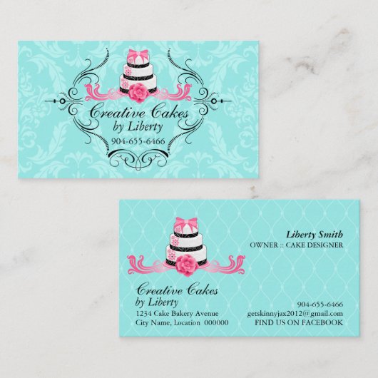 ケーキのベーカリーのダマスク織の水のピンク 名刺 (正面/裏面)