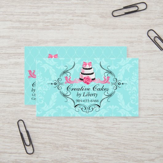 ケーキのベーカリーのダマスク織の水のピンク 名刺 (正面/裏面インサイチュ)