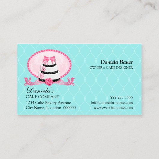 ケーキのベーカリーのダマスク織の水のピンク 名刺 (裏面)