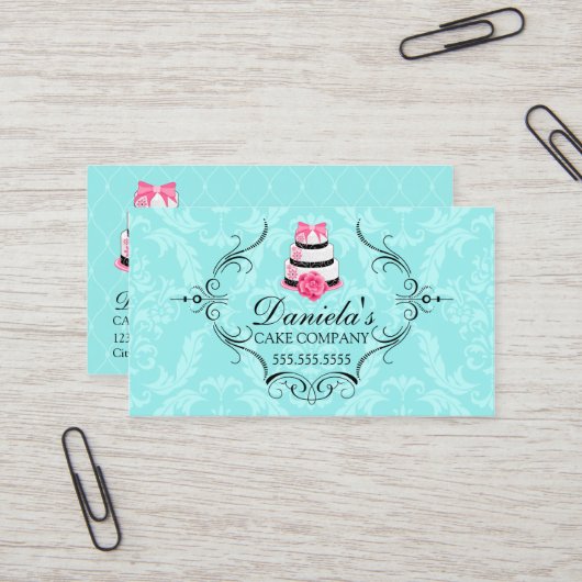 ケーキのベーカリーのダマスク織の水のピンク 名刺 (正面/裏面インサイチュ)