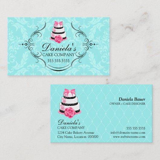 ケーキのベーカリーのダマスク織の水のピンク 名刺 (正面/裏面)