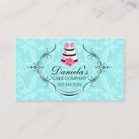 ケーキのベーカリーのダマスク織の水のピンク 名刺 (正面)
