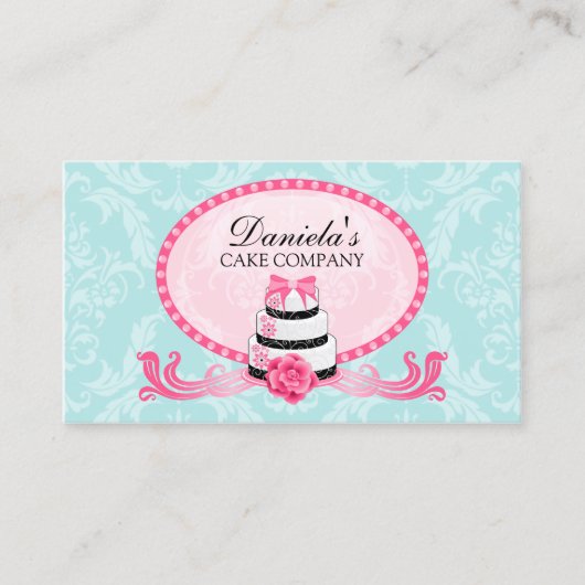 ケーキのベーカリーのダマスク織の水のピンク 名刺 (正面)