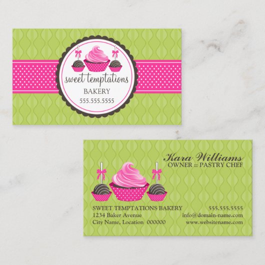 ケーキのポップおよびカップケーキの緑のピンク 名刺 (正面/裏面)