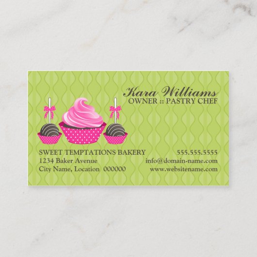 ケーキのポップおよびカップケーキの緑のピンク 名刺 (裏面)