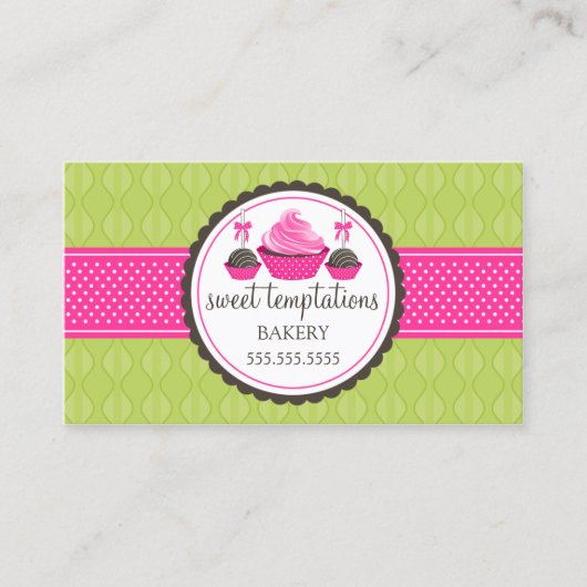ケーキのポップおよびカップケーキの緑のピンク 名刺 (正面)