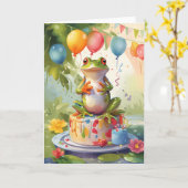 ケーキの上に微笑むカエルアウトドア! カード (黄色い花)