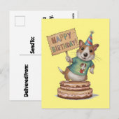 ケーキの上に立って「ハッピー・バースデー」の看板を持った犬 ポストカード (正面/裏面)