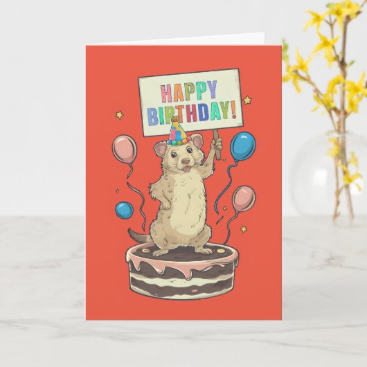 ケーキの上に立つプレーリードッグ幸せと誕生日のサイン カード (黄色い花)