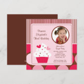 ケーキの写真の誕生日招待状 ピンクの水玉模様 招待状 (正面/裏面)