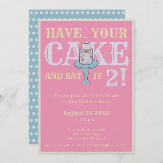 ケーキの女の子おもしろいを二誕生日 招待状 (正面/裏面)