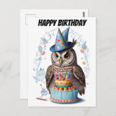 ケーキの後ろに立つ鳥帽子をかぶったフクロウ ポストカード (正面/裏面)