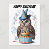 ケーキの後ろに立つ鳥帽子をかぶったフクロウ ポストカード (正面)