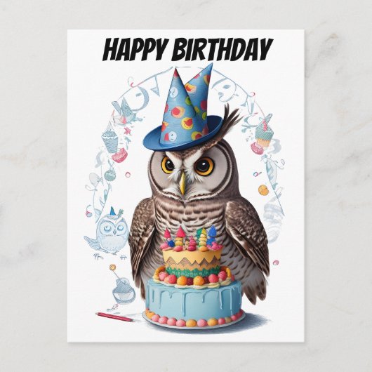 ケーキの後ろに立つ鳥帽子をかぶったフクロウ ポストカード (正面)