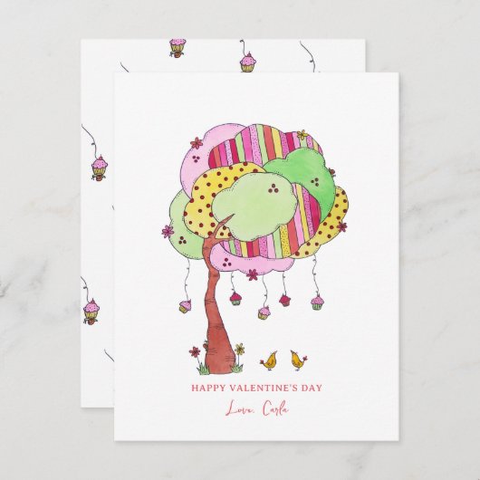 ケーキの木と鳥のバレンタインデーカード シーズンカード (正面/裏面)