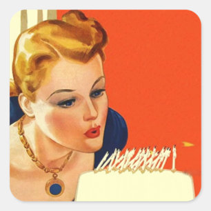 ケーキの蝋燭を吹くステッカーのヴィンテージの誕生日Gal スクエアシール