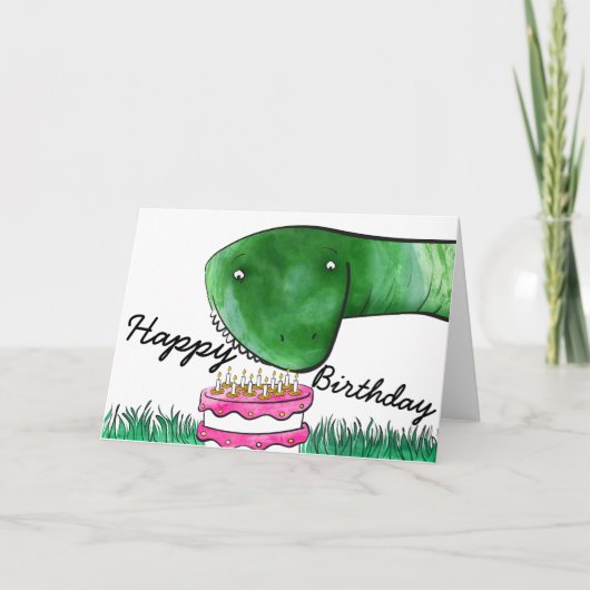ケーキの誕生日カードを持つ恐竜 カード (正面)
