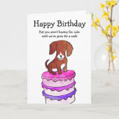 ケーキの誕生日カードを持つ犬 カード (黄色い花)