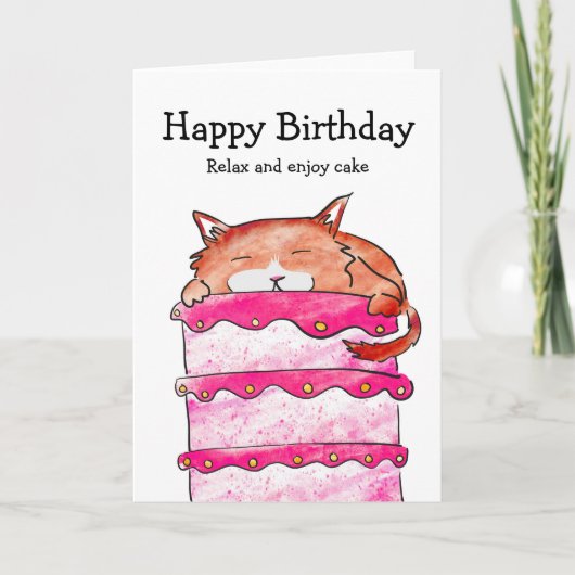 ケーキの誕生日カードを持つ猫 カード (正面)