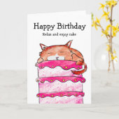 ケーキの誕生日カードを持つ猫 カード (黄色い花)