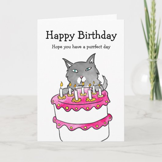 ケーキの誕生日カードを持つ猫 カード (正面)