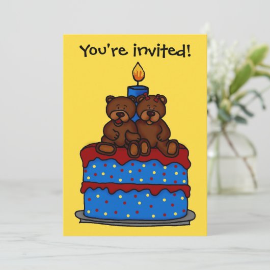 ケーキの誕生日パーティーの招待客の少年双子 招待状 (スタンド正面)