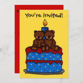 ケーキの誕生日パーティーの招待客の少年双子 招待状 (正面/裏面)