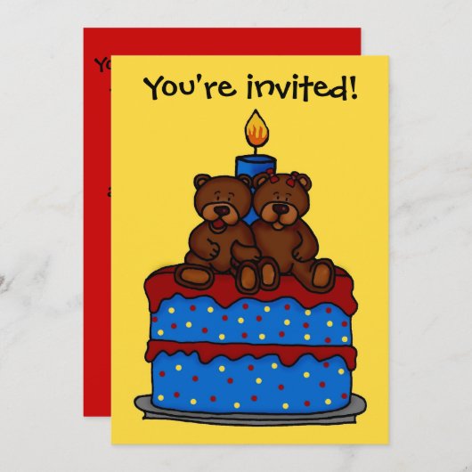 ケーキの誕生日パーティーの招待客の少年双子 招待状 (正面/裏面)