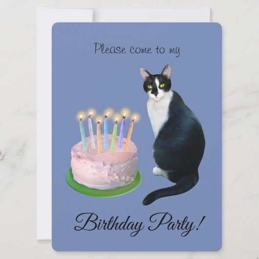 ケーキの誕生日パーティーの招待状を持つ猫 招待状 (正面)