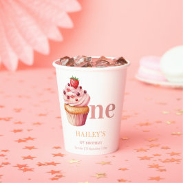 ケーキの誕生日招待状 女の子の1歳の誕生日 紙コップ