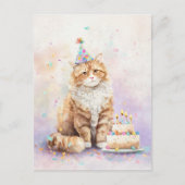 ケーキの誕生日猫 – かわいいパーティー帽の猫 ポストカード (正面)