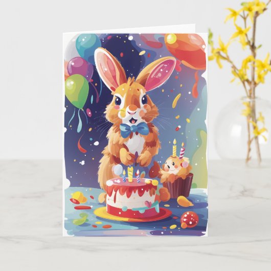 ケーキや風船で微笑むウサギ カード (黄色い花)
