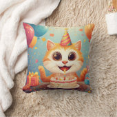 ケーキや風船で飾りつけたかわいいパーティー猫 クッション (ブランケット)