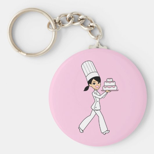 ケーキをキーチェーンに載せたベーカー少女 キーホルダー (正面)