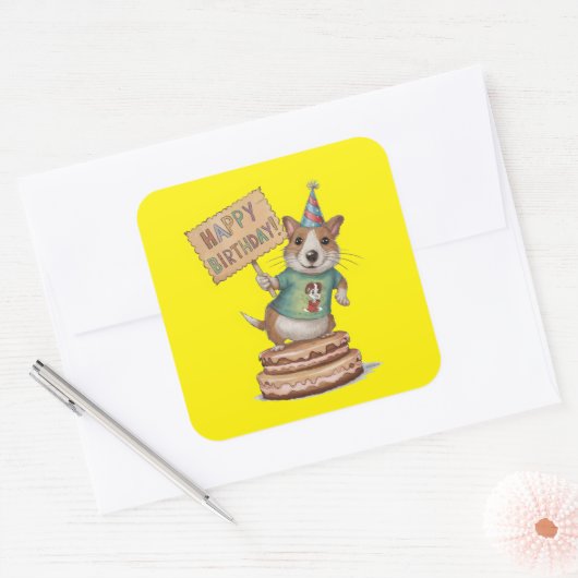 ケーキを持って立っている犬のハッピーバースデー標識 スクエアシール (封筒)