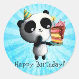 ケーキを持つかわいい誕生日のパンダ ラウンドシール