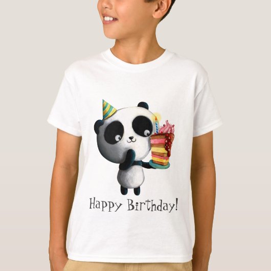 ケーキを持つかわいい誕生日のパンダ Tシャツ (正面)