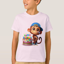ケーキを持つ野球帽のサル、ハッピーバースデー Tシャツ
