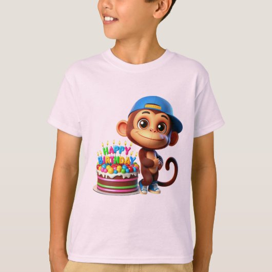 ケーキを持つ野球帽のサル、ハッピーバースデー Tシャツ (正面)