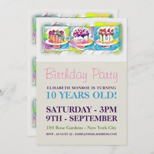 ケーキアート誕生日パーティー 招待状 (正面/裏面)