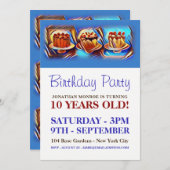 ケーキアート ブルー 誕生日パーティー 招待状 (正面/裏面)