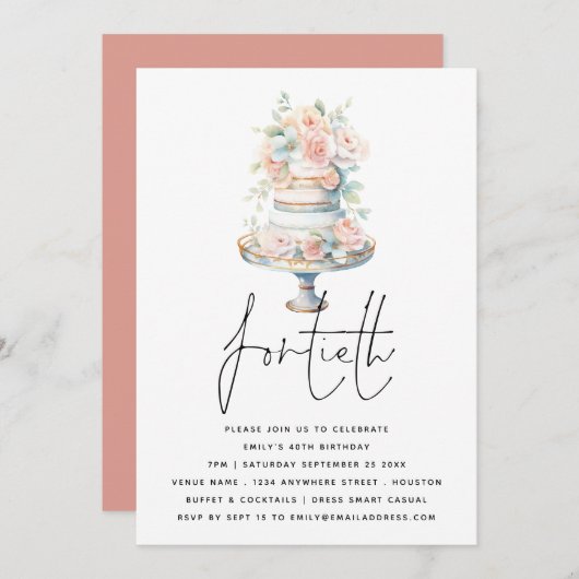 ケーキエレガントほこりっぽいピンク桃のスクリプト40th誕生日 招待状 (正面/裏面)