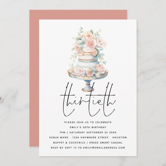 ケーキエレガントほこりっぽいピンク桃の台本30歳の誕生日 招待状 (正面/裏面)